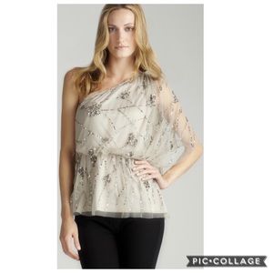 Adrianna Papell beaded blouson drape one shoulder